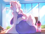 anthro athletic_wear blush bodily_fluids breasts butt female fur horn red_eyes sitting solo sweat text white_body white_fur vallshad undertale_(series) toriel bovid caprine goat humanoid mammal