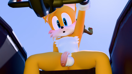 anthro balls big_balls big_penis blue_eyes blush foreskin fur genitals looking_at_viewer looking_down looking_down_at_viewer male multicolored_body multicolored_fur open_mouth penis solo two_tone_body two_tone_fur yellow_body yellow_fur young young_anthro young_male twintails3d sega sonic_the_hedgehog_(series) miles_prower canid canine fox mammal 16:9 2026 3d_(artwork) 4k absurd_res digital_media_(artwork) hi_res widescreen