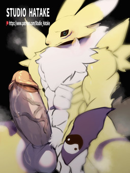 abs anthro armwear armwear_only balls big_balls big_penis black_background black_sclera blue_eyes bodily_fluids chest_tuft clothing dipstick_ears ear_markings erection fur genital_fluids genitals huge_penis humanoid_genitalia humanoid_penis hyper hyper_genitalia hyper_penis leaking_precum male mostly_nude multicolored_ears muscular muscular_male penis precum simple_background solo steam_clouds tail thick_penis tuft white_body white_fur yellow_body yellow_fur yin_yang hatake bandai_namco digimon canid canine digimon_(species) mammal renamon 3:4 absurd_res hi_res