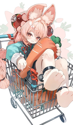 3_toes ahoge anthro barefoot blush braided_pigtails carrot claws clothed clothed_anthro clothed_female clothing feet female flat_chested food fully_clothed fully_clothed_anthro fully_clothed_female fur hair holding_carrot holding_food holding_object holding_vegetable inner_ear_fluff paws pink_body pink_fur pink_hair plant red_eyes shopping_cart simple_background sitting toes tuft vegetable white_background norankkori mihoyo zenless_zone_zero zhao_(zenless_zone_zero) lagomorph leporid mammal rabbit thiren absurd_res hi_res