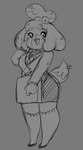 2024 animal_crossing anthro bell bottomwear breasts canid canine canis clothed clothing digital_drawing_(artwork) digital_media_(artwork) dipstick_tail domestic_dog eyelashes female fingers footwear full-length_portrait grey_background greyscale hair hand_on_own_face holding_object isabelle_(animal_crossing) knee_highs knee_socks legwear long_sleeves mammal markings monochrome nintendo open_mouth open_smile portrait simple_background sketch skirt smile socks solo standing sweater tail tail_markings tail_motion tailwag tea_bubbled teeth tied_hair topwear