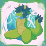 anthro blue_eyes breasts featureless_breasts featureless_crotch female hair horn non-mammal_breasts scales scarf sitting smile solo tail terrudolol mythology dragon mythological_creature mythological_scalie scalie hi_res