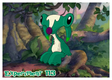 3_toes 4_fingers :| black_eyes border chest_tuft claws feet fingers fur glowing green_body green_claws green_fur horn plant purple_nose screencap screencap_background sitting solo text toes tree tuft white_border noctalaty disney lilo_and_stitch shoe_(lilo_and_stitch) alien experiment_(lilo_and_stitch) 2012 character_name english_text