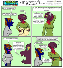 anthro clothing cochlear_implant_processor crossed_arms deaf dialogue female simple_background speech_bubble sweater text thought_bubble topwear baristagamerproductions ada_(gem_hunters) phoebe_(gem_hunters) felid feline mammal reptile scalie snake absurd_res comic english_text hi_res shaded