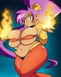 blue_eyes breasts clothing ear_piercing ear_ring female fire hair humanoid_pointy_ears long_hair looking_at_viewer navel not_furry piercing pointy_ears ponytail purple_hair ring_piercing simple_background smile solo grimphantom shantae_(series) wayforward shantae genie humanoid 2020 absurd_res hi_res