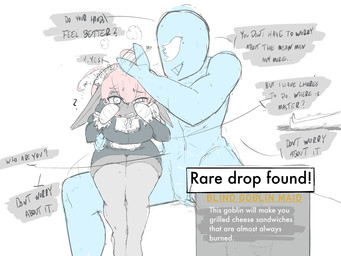 blind blue_body bottomwear breasts clothed clothing dialogue disability duo faceless_character faceless_male female hair hand_wraps headpat humanoid_pointy_ears larger_male legwear lying maid_uniform male not_furry on_back open_mouth pink_hair pointy_ears simple_background sitting size_difference smaller_female smile speech_bubble spread_legs spreading stockings text uniform wraps itzkoaro twitter canid canine goblin humanoid mammal 4:3 digital_media_(artwork) english_text hi_res
