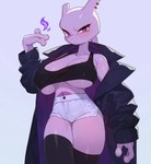 3_fingers anthro big_breasts black_clothing black_legs black_topwear bottomwear breasts clothed clothing collarbone female fingers grey_background legwear looking_at_viewer shorts simple_background solo thigh_highs topwear white_bottomwear white_clothing white_shorts drunk_oak nintendo pokemon generation_1_pokemon legendary_pokemon mewtwo pokemon_(species) 2024 absurd_res hi_res