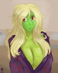 annoyed blonde_hair breasts brown_background cleavage clothed clothing eye_through_hair eyebrow_through_hair eyebrows eyelashes female green_body green_skin hair lips long_hair looking_at_viewer red_eyes robe simple_background solo translucent translucent_hair avencri cela animal_humanoid humanoid reptile reptile_humanoid scalie scalie_humanoid 2015 4:5 colored_sketch signature sketch watermark