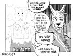 angry anthro bodily_fluids duo flour humor male profanity scar shaved speech_bubble standing sweat text threatening shtarfish beastars gouhin_(beastars) legoshi_(beastars) bear canid canine canis giant_panda mammal wolf 2017 4:3 comic digital_media_(artwork) english_text monochrome sketch