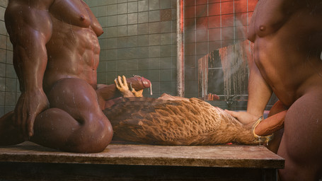 ambiguous_gender ambiguous_penetrated balls bathroom beak beak_fetish beak_play beak_sex beakjob bestiality black_body black_skin bodily_fluids brown_body brown_feathers circumcised claws cracked_mirror cum cum_in_mouth cum_inside erection feathered_wings feathers feet feral feral_penetrated foot_fetish foot_play footjob furniture genital_fluids genitals group hand_on_neck human_on_feral human_penetrating human_penetrating_feral humanoid_genitalia humanoid_penis interspecies kneeling leaking_cum lying male male/ambiguous male_on_feral male_penetrating male_penetrating_ambiguous mirror muscular musk nipples on_back oral oral_penetration penetration penile penis sex sharp_talons sweat table talons tile tile_wall toe_claws toes trio two-footed_footjob two_on_one vein wall_(structure) wings kenresek accipitrid accipitriform avian bird eagle human mammal 16:9 3d_(artwork) 4k absurd_res blender_(artwork) digital_media_(artwork) hi_res widescreen