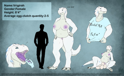 4_toes 5_fingers anthro areola belly big_breasts biped black_claws black_sclera blue_clothing blue_eyes blue_highlights blue_shirt blue_t-shirt blue_topwear breasts buccinator chart claws closed_smile clothed clothing collarbone countershade_face countershade_feathers countershade_neck countershade_tail countershade_torso countershade_wings countershading dewclaw digitigrade disembodied_hand duo egg fangs feathers feet female finger_claws fingers front_view fur genitals hair hands_on_hips hands_on_own_hips highlights_(coloring) logo looking_at_viewer mane mouth_closed narrowed_eyes navel nipples non-mammal_breasts non-mammal_navel non-mammal_nipples nude open_mouth overweight oviposition pupils purple_areola purple_nipples purple_tongue question_mark scales scuted_feet scutes sharp_teeth shirt silhouette simple_background sitting slightly_chubby slightly_chubby_anthro slightly_chubby_female slit_pupils smile snout solo solo_focus spread_legs spreading standing stated_gender stated_height t-shirt tail tapering_tail teeth text text_on_clothing text_on_shirt text_on_t-shirt text_on_topwear toe_claws toes tongue tongue_out topwear vulva white_body white_feathers white_mane wide_hips wings jadedragoness vrigirah_(gorgilisk) allosaurid allosauroid allosaurus dinosaur feathered_dinosaur feathered_scalie human mammal prehistoric_species reptile saurischian scalie theropod 2018 artist_logo character_name digital_drawing_(artwork) digital_media_(artwork) digital_painting_(artwork) english_text flat_colors full-length_portrait half-length_portrait headshot_portrait model_sheet painting_(artwork) portrait