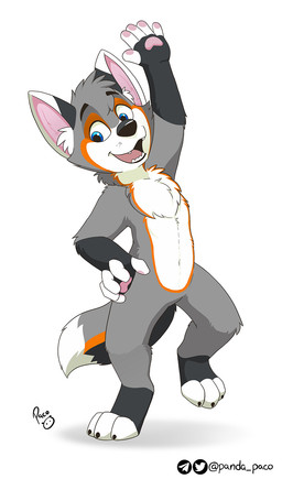 anthro black_body black_fur black_nose black_tail blue_eyes chest_tuft fangs featureless_crotch front_view fur gesture glistening glistening_eyes grey_body grey_fur grey_tail head_tuft inner_ear_fluff logo looking_at_viewer male male_anthro markings neck_tuft nude open_mouth open_smile orange_markings orange_tail simple_background smile solo tail teeth tuft waving waving_at_viewer white_background white_body white_fur white_inner_ear_fluff white_tail pandapaco canid canine mammal artist_logo full-length_portrait hi_res portrait signature