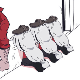 arm_hair bodily_fluids body_hair bottomwear clothed clothing female footwear group hair kneeling long_hair male object_on_head pants punishment shirt shoe_on_head shoes simple_background slippers sweat sweatdrop topwear white_body white_hair white_skin tkddud632 helltaker cerberus_(helltaker) protagonist_(helltaker) animal_humanoid canid canid_humanoid canine canine_humanoid demon demon_humanoid dog_humanoid human humanoid mammal mammal_humanoid 1:1 hi_res