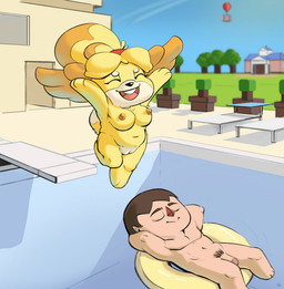 anthro breasts brown_hair buckteeth casual_nudity chibi circumcised diving_board duo eyes_closed female flaccid floating fur genitals hair jumping male muscular muscular_human muscular_male navel nipples nude outside penis pubes public public_nudity relaxing slightly_chubby slightly_chubby_anthro slightly_chubby_female swimming_pool teeth vulva water yellow_body yellow_fur teabrush animal_crossing nintendo isabelle_(animal_crossing) villager_(animal_crossing) canid canine canis domestic_dog human mammal shih_tzu toy_dog 2020 digital_media_(artwork) hi_res shaded