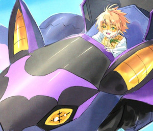 aircraft blonde_hair duo feral flying hair machine male smile vehicle visor yellow_eyes st14_kr010 bandai_namco digimon digimon_beatbreak makoto_kuonji aeromorph digimon_(species) human living_aircraft living_machine living_vehicle mammal scourgechiropmon