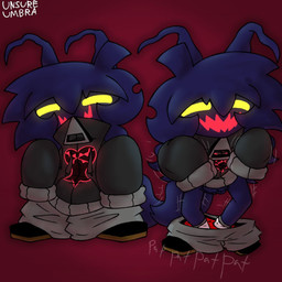 ahoge anthro black_clothing black_footwear black_shoes blue_body blue_hair blue_pubes bottomwear bottomwear_down boxers_(clothing) clothed clothing female footwear genitals glowing glowing_eyes glowing_mouth grey_bottomwear grey_clothing grey_hoodie grey_pants grey_topwear hair hoodie imminent_sex long_hair motion_lines onomatopoeia open_mouth oversized_bottomwear oversized_clothing oversized_topwear pants pants_around_ankles pants_down partially_clothed pubes red_background red_boxers red_clothing red_mouth red_underwear running shoes simple_background smile socks solo sound_effects tail text topwear transformation underwear vulva white_clothing white_footwear white_socks yellow_eyes zipper unsureumbra kingdom_hearts square_enix nova_(unsureumbra) canid canine fox heartless mammal 1:1 hi_res signature