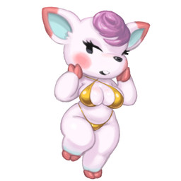 anthro arms_bent bikini biped black_eyes black_nose blue_body blush breasts buckteeth clothed clothed_anthro clothed_female clothing dipstick_ears ear_markings eyelashes female female_anthro glistening glistening_bikini glistening_clothing glistening_nose glistening_swimwear gold_bikini hair hand_on_face hoof_hands hooves looking_aside markings medium_breasts multicolored_body multicolored_ears on_one_leg open_mouth pink_blush pink_ear_tips pink_hooves pose purple_hair shortstack shortstack_female simple_background solo standing swimwear teal_inner_ear teeth thick_thighs three-quarter_view two-piece_swimsuit two_tone_ears unguligrade white_background white_body white_ears wide_hips kujalla animal_crossing golden_week nintendo diana_(animal_crossing) deer mammal 1:1 2026 archived_source digital_media_(artwork) full-length_portrait hi_res portrait shaded soft_shading