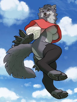 4_toes 5_fingers accessory anthro areola arm_tuft bedroom_eyes big_areola big_breasts biped black_clothing black_legwear black_stockings black_thigh_highs blue_sky bottomless bottomless_anthro bottomless_female breasts butt cheek_tuft claws closed_smile clothed clothed_anthro clothed_female clothing cloud countershade_breasts countershade_butt countershade_face countershade_fur countershade_neck countershade_torso countershading dark_claws dark_nose dark_pawpads day digitigrade ear_piercing ear_ring eyebrows facial_tuft feet female female_anthro finger_claws fingers floating fluffy fluffy_tail fur fur_tuft grey_areola grey_body grey_claws grey_ears grey_fur grey_hair grey_nipples grey_nose grey_pawpads grey_tail grey_tuft hair handpaw hindpaw humanoid_hands inner_ear_fluff jewelry legwear long_sleeves long_tail looking_at_viewer looking_down looking_down_at_viewer low-angle_view monotone_clothing monotone_legwear monotone_stockings monotone_tail monotone_thigh_highs mouth_closed multicolored_body multicolored_clothing multicolored_fur multicolored_topwear narrowed_eyes neck_tuft nipple_piercing nipples no_bra pawpads paws piercing pose pupils red_clothing red_sclera red_topwear ring_piercing seductive shoulder_tuft side_view sky skyscape smile smiling_at_viewer snout solo stockings tail thigh_highs toe_claws toeless_legwear toeless_stockings toeless_thigh_highs toes topwear tuft two_tone_body two_tone_clothing two_tone_fur two_tone_topwear under_boob white_body white_breasts white_clothing white_countershading white_eyebrows white_fur white_inner_ear white_inner_ear_fluff white_sleeves white_topwear white_tuft snowskau reidun canid canine canis mammal wolf 3:4 absurd_res full-length_portrait hi_res pinup portrait shaded