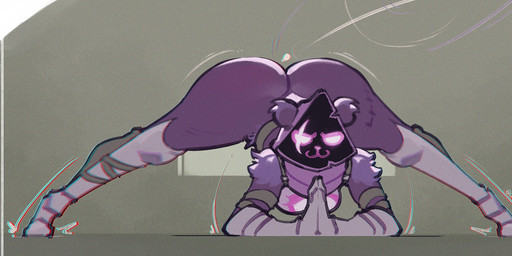 :3 anthro armor ass_up big_butt blush boots bottomwear breasts butt clothed clothing female footwear fur gauntlets gloves hair handwear jack-o'_pose knee_boots knee_highs legwear looking_at_viewer pose purple_body purple_fur scar shadow_face shoes simple_background smile solo text topwear saucymauler epic_games fortnite raven_team_leader animal_humanoid bear humanoid mammal 2025 chromatic_aberration digital_media_(artwork) hi_res