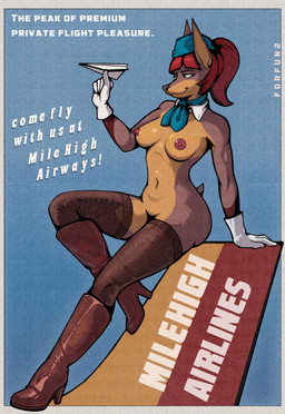 advertisement anthro attendant boots breasts clothing female flying footwear gloves handwear high_heeled_boots high_heels legwear nipples pose shoes solo stockings text thigh_highs uniform vintage forfun2 debby_(bumpin121) canid canine canis dobermann domestic_dog mammal pinscher english_text hi_res pinup