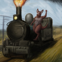 anthro brown_eyes cloud day detailed_background fire fist happy locomotive male mechanism motion_blur multicolored_body nude outside railway_track red_body smoke solo speed_lines steam steam_locomotive train vehicle carlos-a-m the_nature_of_predators kangaroo macropod mammal marsupial yotul_(the_nature_of_predators) 1:1 2025 absurd_res dated digital_media_(artwork) digital_painting_(artwork) hi_res painting_(artwork)