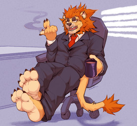 4_toes anthro black_claws black_clothing black_suit cigarette claws clothing coffee_mug feet fur grey_background looking_at_viewer male open_mouth simple_background sitting smoke solo suit tan_body tan_fur toes canid_kaiba felid lion mammal pantherine 2026 absurd_res hi_res