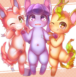 abstract_background ambiguous_gender blue_body blue_fur blue_inner_ear blue_pawpads blush bodily_fluids bow_(anatomy) brown_body brown_eyes brown_fur brown_markings checkered checkered_background digitigrade feral flustered fur gloves_(marking) green_body green_ears green_eyes green_tail group holding_arm leg_markings licking licking_lips looking_at_viewer markings navel one_eye_closed one_fang open_mouth pattern_background pawpads pink_background pink_body pink_fur pink_inner_ear pink_markings pink_pawpads pink_tail purple_eyes semi-anthro simple_background smile socks_(marking) sweat sweatdrop tail tan_body tan_fur tongue tongue_out trio white_background white_body white_fur young d685ab7f nintendo pokemon eeveelution generation_4_pokemon generation_6_pokemon glaceon leafeon mammal pokemon_(species) sylveon digital_drawing_(artwork) digital_media_(artwork) hi_res signature unavailable_at_source