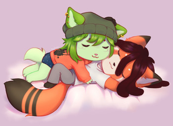 anthro beanie chibi clothing cuddling dovagiral dreadlocks duo ear_piercing female hat headgear headwear male male/female piercing sleeping smug palm_treees nintendo pokemon canna_(malarsauce) pierre_(palmtrees) ailurid domestic_cat felid feline felis generation_9_pokemon mammal pokemon_(species) red_panda sprigatito hi_res