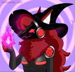 anthro clothing elemental_manipulation female fire fire_manipulation flaming_orb fur hair hat headgear headwear inner_ear_fluff machine magic neck_tuft protogen_face red_eyes red_hair side_view simple_background solo tuft witch_hat raposona protogen icon intersex_(lore)