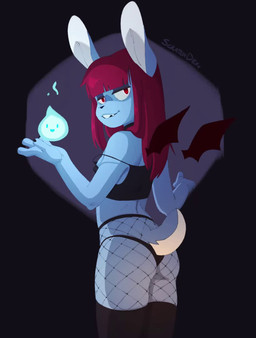 anthro bat_wings blue_body blue_fire blue_fur butt clothing colored_fire crop_top fire fishnet_clothing fishnet_legwear fur hair legwear male membrane_(anatomy) membranous_wings red_eyes red_hair shirt solo tail tail_motion tailwag thigh_highs topwear underwear wings scratchdex lagomorph leporid mammal rabbit vampire animated no_sound short_playtime video