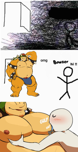 anthro armband barazoku barefoot belly biceps big_belly big_bulge big_muscles big_pecs blush bodily_fluids bracelet breath bulge claws clothed clothing collar dialogue duo eyebrows eyes_closed facial_hair feet hair hand_behind_head hand_on_chest hand_on_pecs horn huge_muscles huge_pecs human_on_anthro interspecies jewelry male male/male musclegut muscular muscular_anthro muscular_male navel nipple_fetish nipple_play nipple_suck nipples non-mammal_nipples pec_grab pec_squeeze pec_squish pecs pubes saliva shell simple_background size_difference smile sound_effects spiked_armband spiked_bracelet spiked_collar spiked_shell spiked_tail spikes spikes_(anatomy) squish standing stick_figure stubble sucking tail teeth text thong topless topless_anthro topless_male underwear white_background vitashi mario_bros nintendo omg_hi! anon bowser human koopa mammal scalie 2022 english_text hi_res meme multiple_scenes