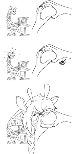 anthro braided_hair chair clothed clothing computer disembodied_hand duo electronics expansion female fully_clothed furniture hair long_neck neck_expansion office_chair smile novacantnames snoot_challenge giraffe giraffid mammal hi_res line_art meme monochrome