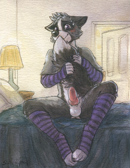 animal_genitalia animal_penis anthro bed bedding biped black_body black_fur blanket blush bodily_fluids canine_genitalia canine_penis clothing embarrassed erection femboy fur furniture genitals knot lamp leggings legwear male nervous nude penis purple_eyes sitting solo stockings sweat white_body white_fur sicklyhypnos canid canine fox mammal red_fox silver_fox true_fox painting_(artwork) traditional_media_(artwork) traditional_painting_(artwork) traditional_watercolor_(artwork) watercolor_(artwork)