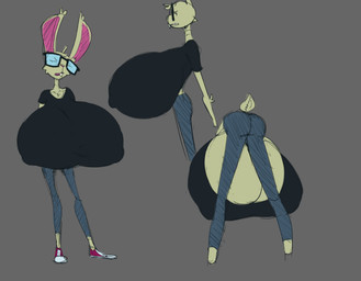 anthro big_breasts bottomwear breasts buckteeth butt clothing eyewear female footwear glasses huge_breasts hyper hyper_breasts pants shoes skinny sneakers solo tail teeth topwear under_boob bigbun_3 bun-e lagomorph leporid mammal rabbit absurd_res hi_res