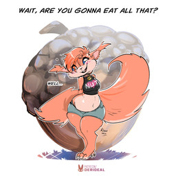 acorn anthro barefoot blue_eyes blush bottomwear breasts clothed clothed_anthro clothed_female clothing collar dialogue feet female fluffy fluffy_tail food fruit midriff navel nut_(fruit) open_mouth plant shirt shorts solo tail tank_top text topwear kiaun derideal flann_(derideal) mammal rodent sciurid tree_squirrel 1:1 2026 english_text hi_res