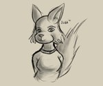 anthro breasts clothing eyebrows female looking_at_viewer raised_tail shirt smile solo tail topwear yellow_and_black jubb canid canine mammal 2018 6:5 guide_lines half-length_portrait monochrome portrait signature