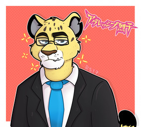 anthro black_clothing black_eyebrows black_eyewear black_glasses black_suit black_tail_tip blue_necktie brown_nose clothed clothed_anthro clothed_male clothing dipstick_tail dotted_background eyebrows eyewear fangs fur glasses grey_inner_ear half-closed_eyes light looking_at_viewer male male_anthro markings multicolored_body multicolored_fur narrowed_eyes necktie notched_ear outline pattern_background rectangular_glasses red_background simple_background smile smiling_at_viewer smirk smirking_at_viewer solo sparkles suit tail tail_markings teeth text thick_eyebrows tired_eyes two_tone_tail whisker_spots white_dress_shirt white_outline yellow_body yellow_fur yellow_tail ractoons aggretsuko sanrio hyoudou felid jaguar mammal pantherine 2020 artist_name colored digital_drawing_(artwork) digital_media_(artwork) half-length_portrait japanese_text lighting portrait shaded translated