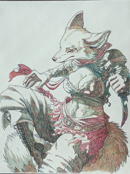 anthro boots bottomwear breasts cleavage clothed clothing dagger female footwear holding_dagger holding_melee_weapon holding_object holding_weapon medium_breasts melee_weapon midriff pants red_scarf scarf shoes snout solo tail weapon natarrhian canid canine fox mammal 3:4 hi_res traditional_media_(artwork)