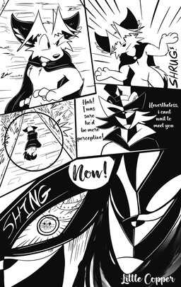 6_panel_comic ambiguous_gender anthro biped black_cape black_clothing black_eyes black_nose black_text cape clothing dialogue duo exclamation_point fluffy fluffy_tail fur gesture grass hair hat headgear headwear mask mouth_closed open_mouth open_smile outside paws plant shrug shrug_(sound_effect) smile sound_effects speech_bubble standing tail text tongue white_sclera zincxiron virmir_(character) canid canine fox mammal 2025 absurd_res black_and_white comic english_text hi_res monochrome signature