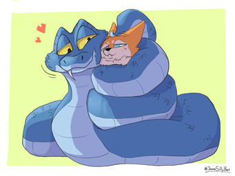 anthro blue_body blue_eyes blue_scales coiling_another duo fangs feral fur heart_symbol male missing_fang neck_tuft orange_body orange_fur pointy_ears scales teeth tuft yellow_eyes jamessillybat disney zootopia fan_character gary_(zootopia) bat mammal pit_viper reptile scalie snake viper 4:3 hi_res
