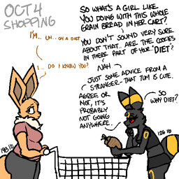 anthro anthrofied belly big_belly big_breasts big_butt black_body blue_eyes blush blush_lines bottomwear bread breasts brown_body brown_eyes brown_fur butt clothed clothing dialogue duo female food fur markings midriff multicolored_body overweight overweight_female purple_eyes red_sclera shopping_cart shorts simple_background smile text thick_thighs topwear weight_gain weight_gain_sequence yellow_body zandyzolo nintendo pokemon vi_(zandyzolo) eevee eeveelution generation_1_pokemon generation_2_pokemon pokemon_(species) umbreon 1:1 english_text hi_res