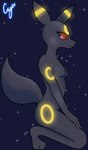 anthro bioluminescence black_body black_fur breasts female fur glowing kneeling nipples nude red_sclera solo yellow_body yellow_fur cybeeyoru nintendo pokemon umbreon_day eeveelution generation_2_pokemon pokemon_(species) umbreon hi_res