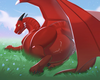 2_horns belly big_belly black_claws blue_flower claws day feral feral_pred flower grass grin horn huge_belly looking_back lying male male_pred membrane_(anatomy) membranous_wings on_grass on_ground outside paws plant rear_view red_body sky smile snout solo teeth vore wings orca24a mythology dragon mythological_creature mythological_scalie scalie 2023 colored digital_drawing_(artwork) digital_media_(artwork) hi_res shaded