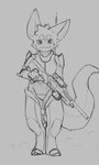 anthro armor front_view fur gun holding_object holding_weapon looking_at_viewer male ranged_weapon rifle simple_background sniper_rifle solo tail weapon warlordhunter01 mythology dragon furred_dragon furred_scalie mythological_creature mythological_scalie scalie absurd_res hi_res monochrome sketch