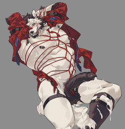 abs anthro armpit_hair balls barazoku bdsm beard big_penis black_hair black_nipples black_nose black_penis bodily_fluids body_hair bondage bottomless bound clothed clothing cum cum_on_penis dripping erection facial_hair fur genital_fluids genitals grey_background hair hands_behind_head harness humanoid_genitalia humanoid_penis looking_at_viewer male muscular muscular_anthro muscular_male nipples open_clothing pecs penis pubes red_rope restraints rope rope_bondage rope_harness shirt simple_background solo teeth tongue tongue_out topwear tuft vein veiny_penis white_body white_fur destroycode canid canine canis mammal wolf digital_media_(artwork) hi_res