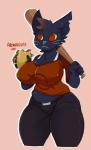 anthro big_breasts black_body black_fur breasts clothed clothing curvy_figure female food fur heart_symbol huge_breasts midriff navel red_eyes simple_background slightly_chubby solo taco thick_thighs voluptuous whiskers yellow_sclera aronhilistix night_in_the_woods mae_borowski domestic_cat felid feline felis mammal 2018 absurd_res digital_media_(artwork) hi_res