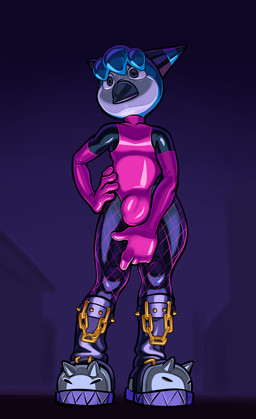 anthro beak boots bulge chain clothing detailed_bulge fishnet_clothing fishnet_legwear footwear gloves hand_on_hip handwear latex latex_clothing latex_gloves latex_handwear latex_leotard latex_mask latex_skinsuit legwear leotard looking_down male mask night pink_latex shoes simple_background skinsuit solo spikes tight_clothing owy owy_(character) toy_owy avian bird owl hi_res