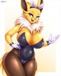 2018 4:5 anthro anthrofied big_breasts breasts bunny_costume camel_toe clothed clothing costume eeveelution female generation_1_pokemon jolteon looking_at_viewer mleonheart neck_tuft nintendo open_mouth pokemon pokemon_(species) pokemorph purple_eyes solo tuft wide_hipped_female wide_hips