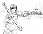 anthro clothing destroyed_tank destroyed_vehicle female fire gesture grin hand_gesture military military_uniform pointing pointing_at_another proud ranged_weapon rocket_launcher rolled_up_sleeves scar smile solo tank uniform vehicle weapon world_war_2 hladilnik samantha_thott canid canine canis domestic_dog mammal hi_res monochrome