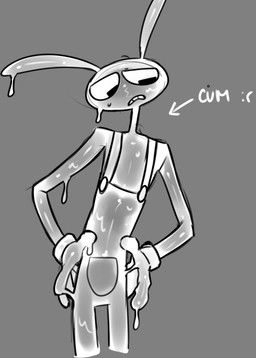 4_fingers anthro bodily_fluids cum cum_covered directional_arrow fingers frown genital_fluids glistening glistening_body looking_down male messy solo sweat sweatdrop text upset karnthud glitch_productions the_amazing_digital_circus jax_(tadc) lagomorph leporid mammal rabbit monochrome